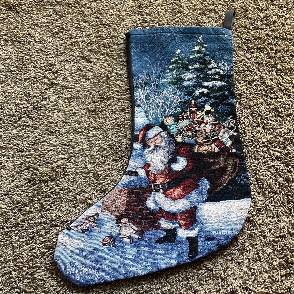 Nicky Boehme Christmas Stocking 12x18” Santa going down Chimney with bag of toys